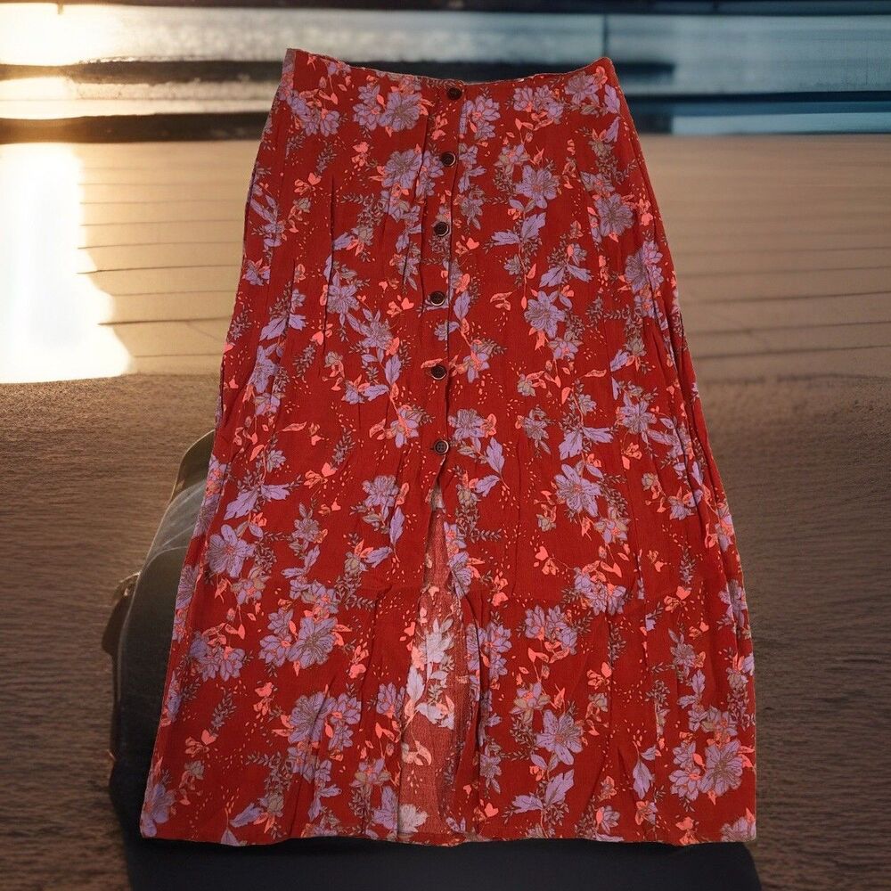 Free People Women’s Floral Button Front Midi Skirt Red Orange Size 10